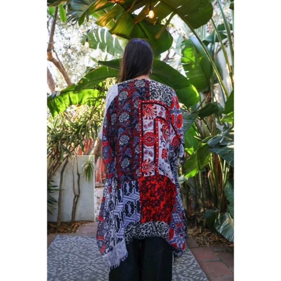 Red Boho Patchwork Floral Bohemian Kimono Wrap Coverup Open Top Casual Spring - Picture 2 of 2